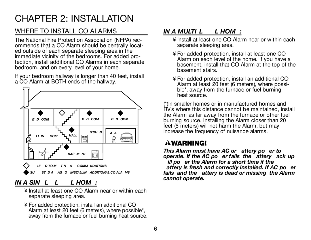 BRK electronic CO5120PDB user manual Where to Install CO Alarms, A SINGLE-LEVEL Home, A MULTI-LEVEL Home 