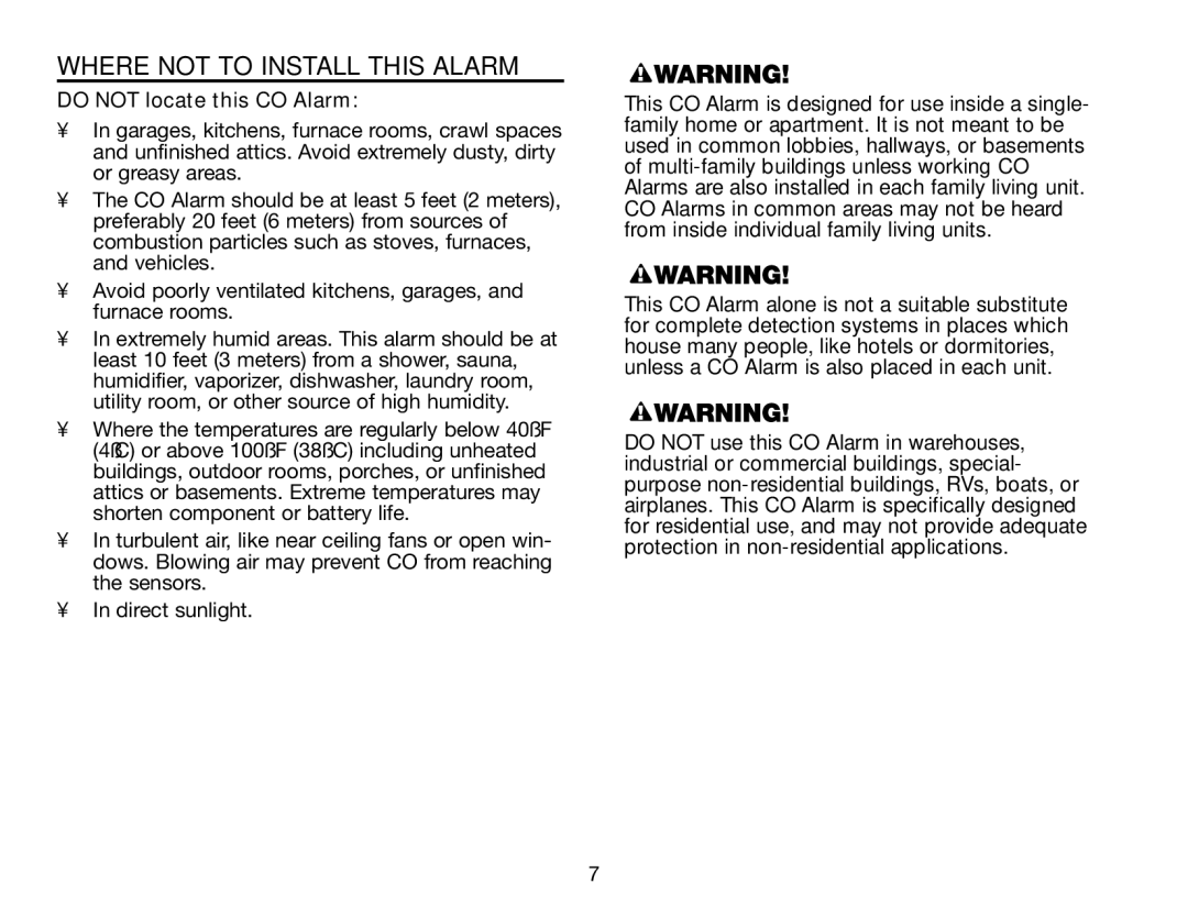 BRK electronic CO5120PDB user manual Where not to Install this Alarm, Do not locate this CO Alarm 