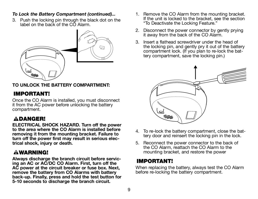 BRK electronic CO5120PDB user manual To Lock the Battery Compartment continued, To Unlock The Battery Compartment 