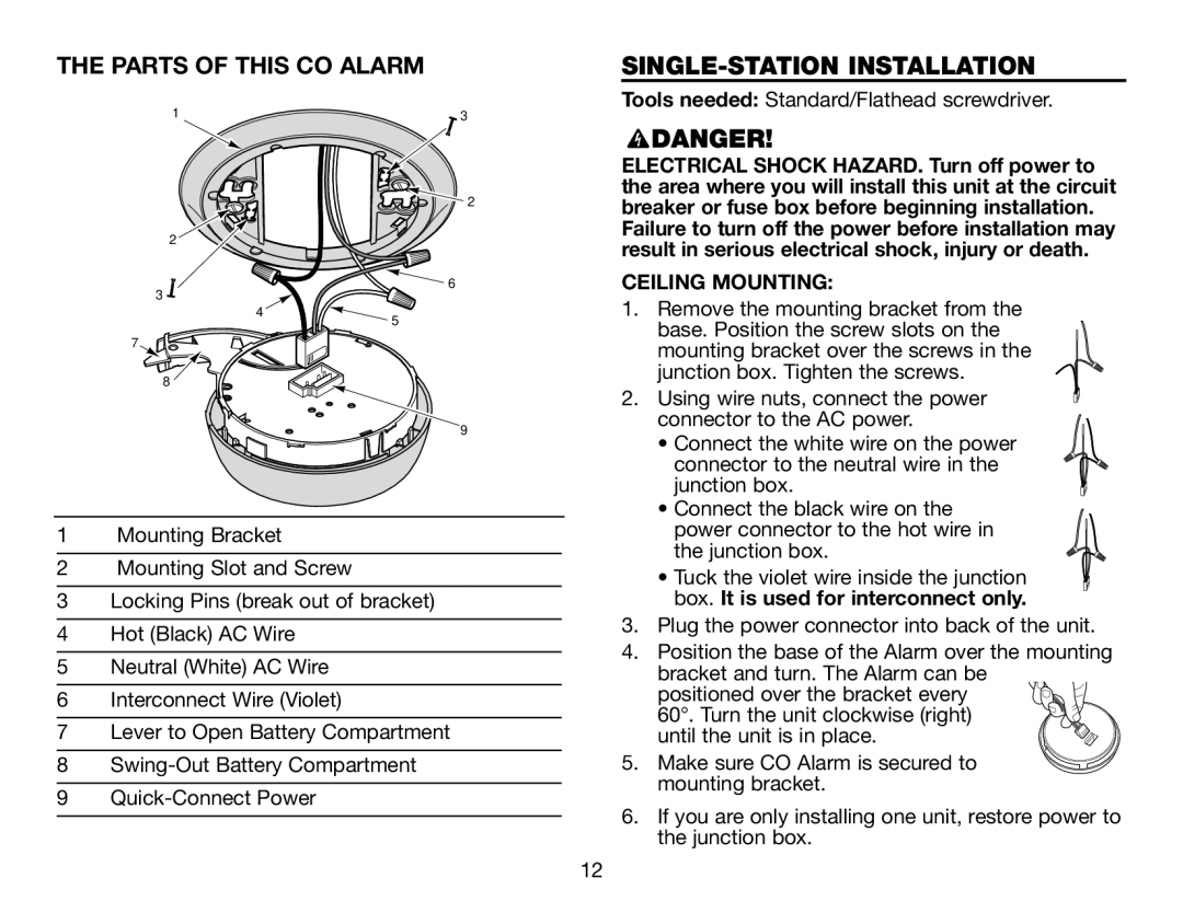 BRK electronic CO5120PDB user manual The Parts Of This Co Alarm, Single-Station Installation, Ceiling Mounting 