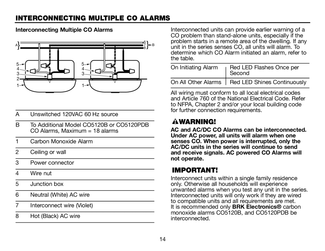 BRK electronic CO5120PDB user manual Interconnecting Multiple Co Alarms, Interconnecting Multiple CO Alarms 