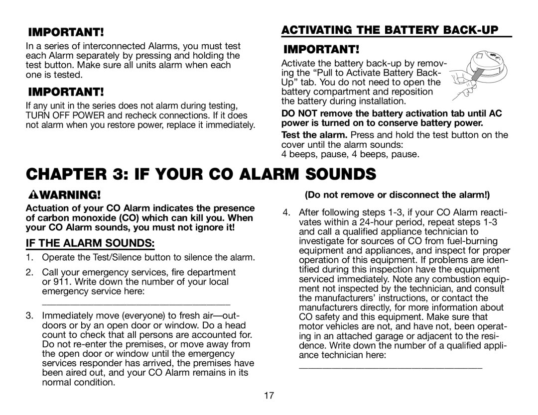 BRK electronic CO5120PDB user manual If Your Co Alarm Sounds, If The Alarm Sounds, Do not remove or disconnect the alarm 