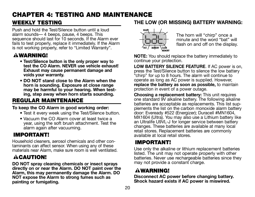 BRK electronic CO5120PDB Testing And Maintenance, Weekly Testing, Regular Maintenance, The Low Or Missing Battery Warning 