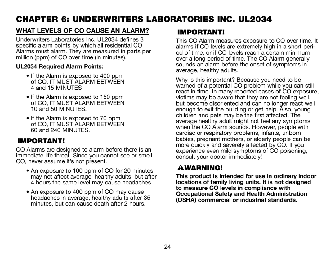 BRK electronic CO5120PDB user manual UNDERWRITERS LABORATORIES INC. UL2034, What Levels Of Co Cause An Alarm? 
