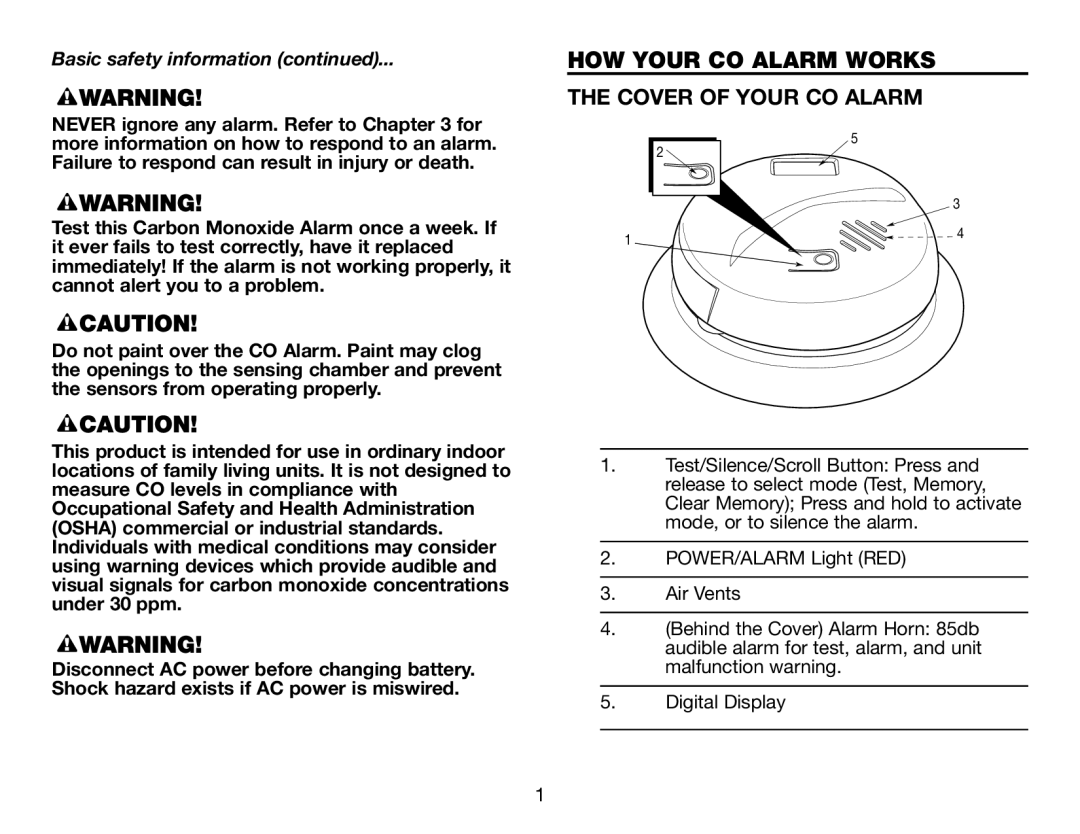 BRK electronic CO5120PDB user manual How Your Co Alarm Works The Cover Of Your Co Alarm, Basic safety information continued 