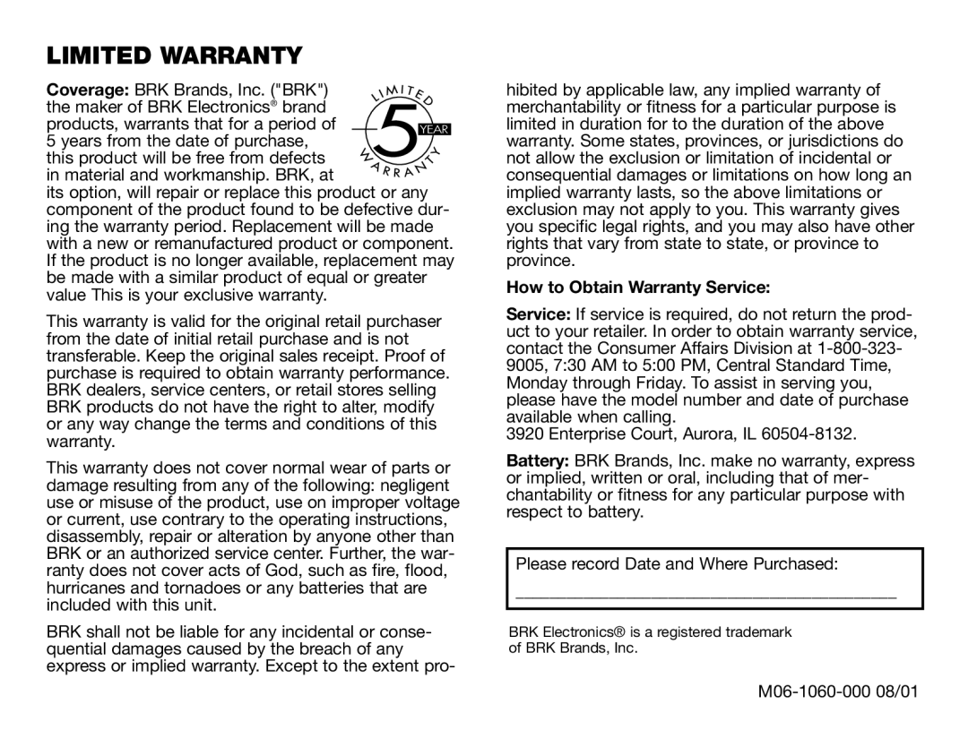 BRK electronic CO5120PDB user manual Limited Warranty, How to Obtain Warranty Service 