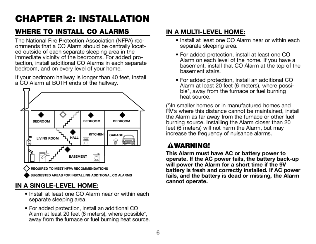 BRK electronic CO5120PDB Installation, Where To Install Co Alarms, In A Single-Level Home, In A Multi-Level Home 