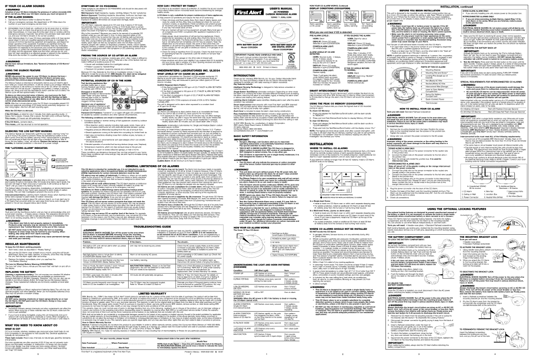 BRK electronic C05120BN user manual If Your CO Alarm Sounds, USER’S Manual, Underwriters Laboratories INC. UL2034 