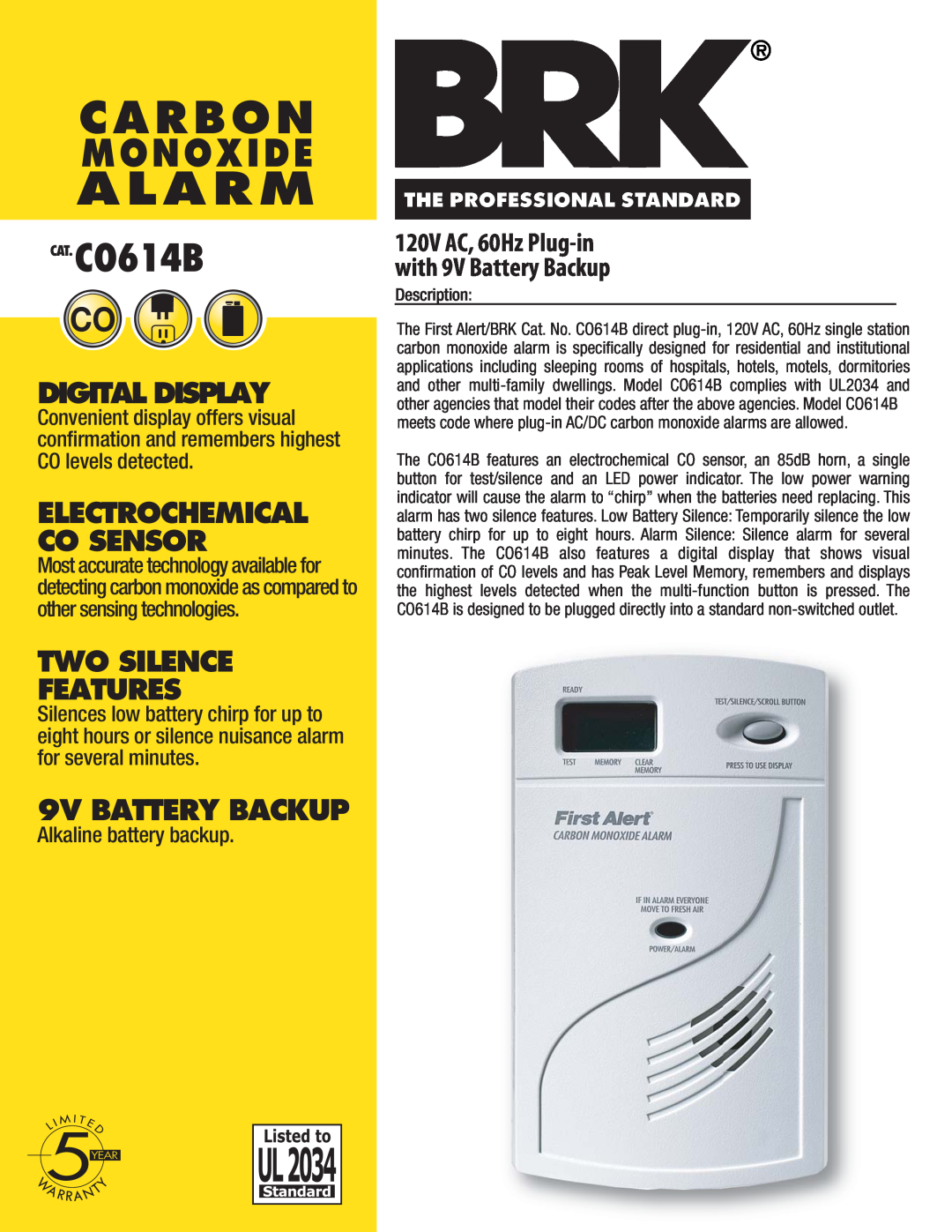 BRK electronic manual Alarm, Carbon, Monoxide, CAT.CO614B, Digital Display, Two Silence Features, 9V BATTERY BACKUP 