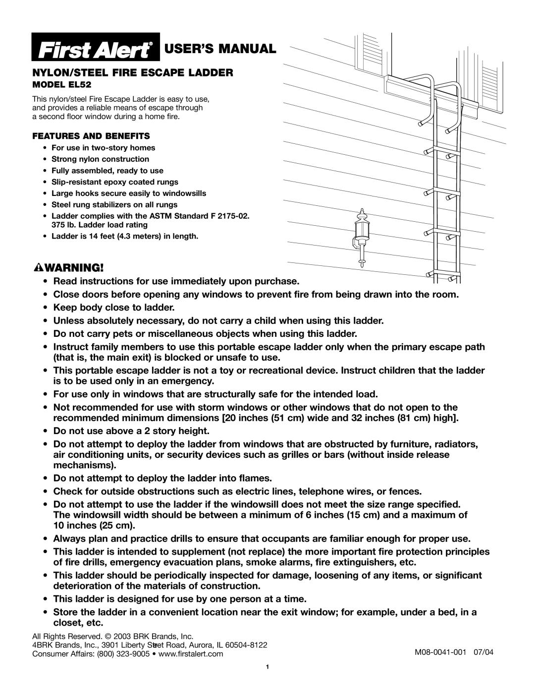 BRK electronic EL52 user manual Nylon/Steel Fire Escape Ladder 