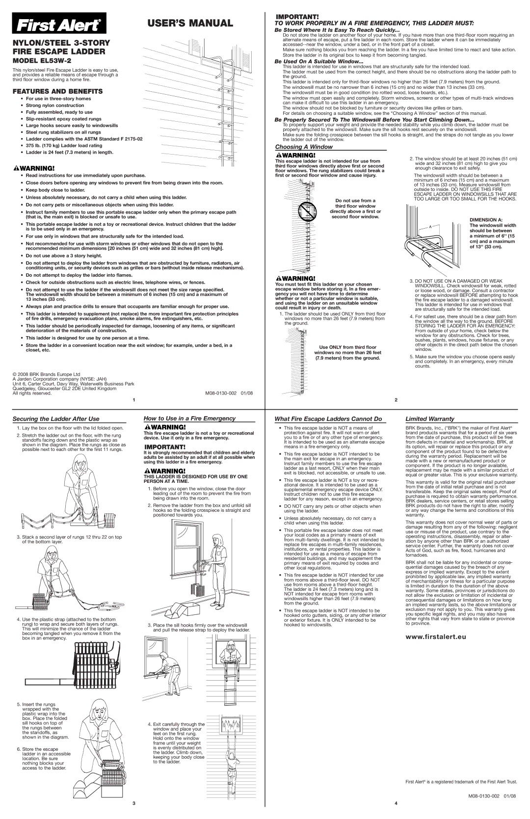 BRK electronic EL53W-2 user manual Escape Ladder on Windowsills That are, TOO Large or TOO Small for the Hooks 