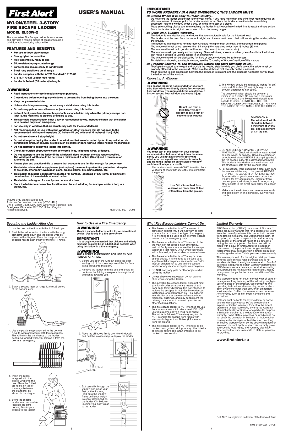 BRK electronic user manual NYLON/STEEL 3-STORY, Fire Escape Ladder, MODEL EL53W-2, Features And Benefits 