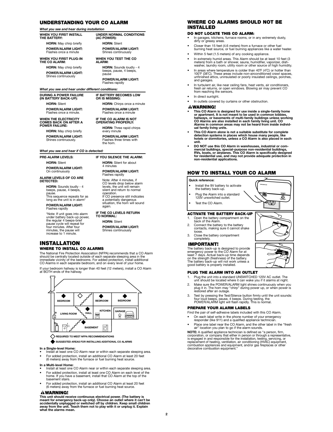 BRK electronic FCD2BT user manual Installation, Understanding Your CO Alarm, Where CO Alarms should not be Installed 