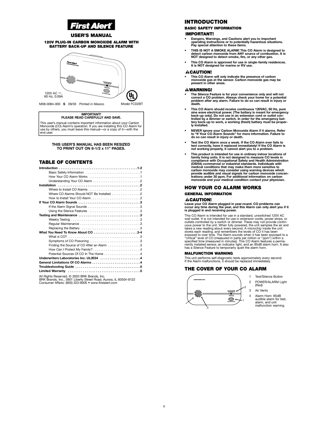 BRK electronic FCD2BT user manual Introduction, User’S Manual, Table Of Contents, How Your Co Alarm Works 