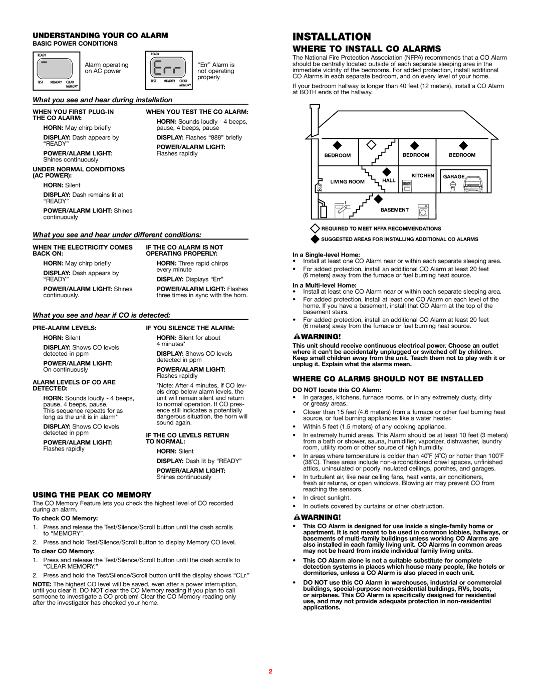 BRK electronic FCD2DDNP user manual Installation, Understanding Your CO Alarm, Where CO Alarms should not be Installed 