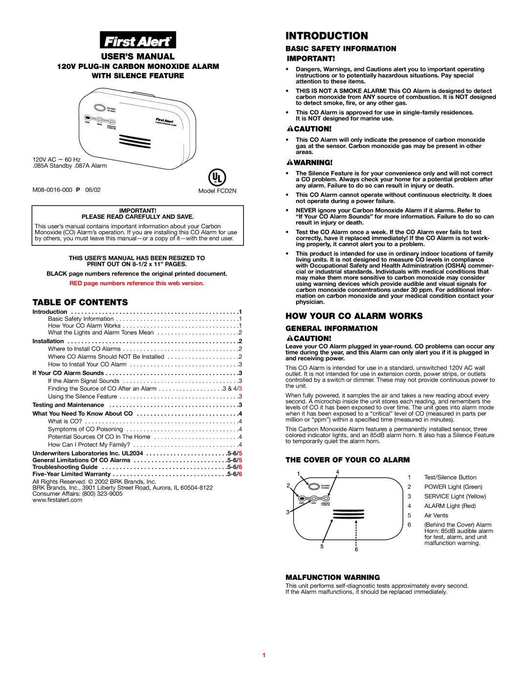 BRK electronic FCD2N user manual Introduction, USER’S Manual, Table of Contents, HOW Your CO Alarm Works 