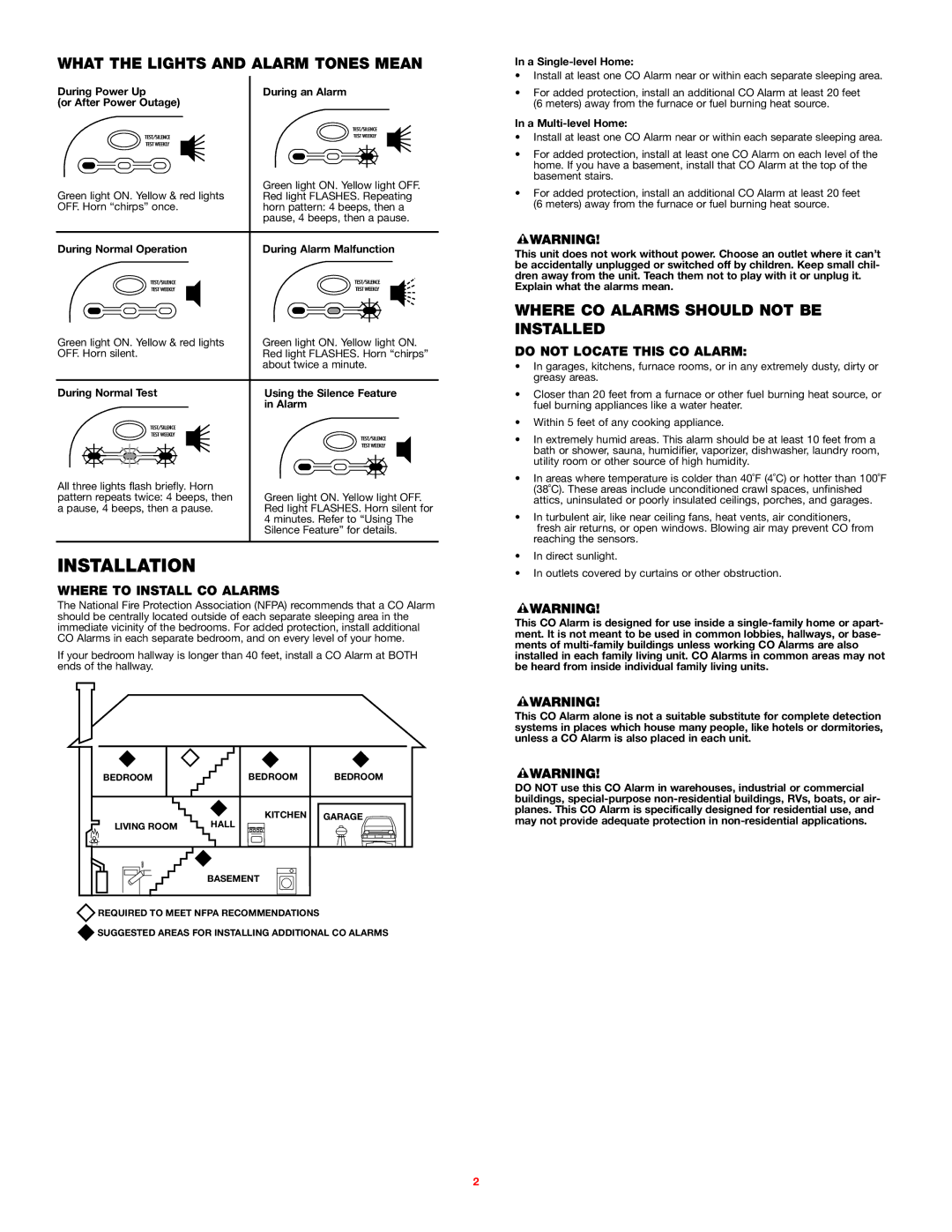 BRK electronic FCD2N Installation, What the Lights and Alarm Tones Mean, Where CO Alarms should not be Installed 