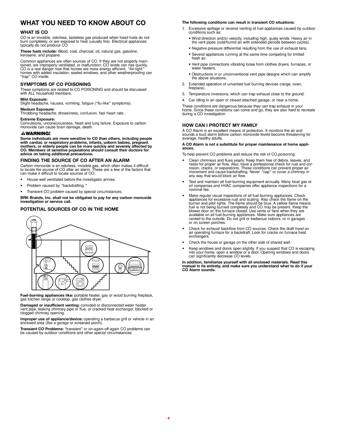 BRK electronic FCD2N What YOU Need to Know about CO, What is CO?, Symptoms of CO Poisoning, HOW can I Protect MY FAMILY? 