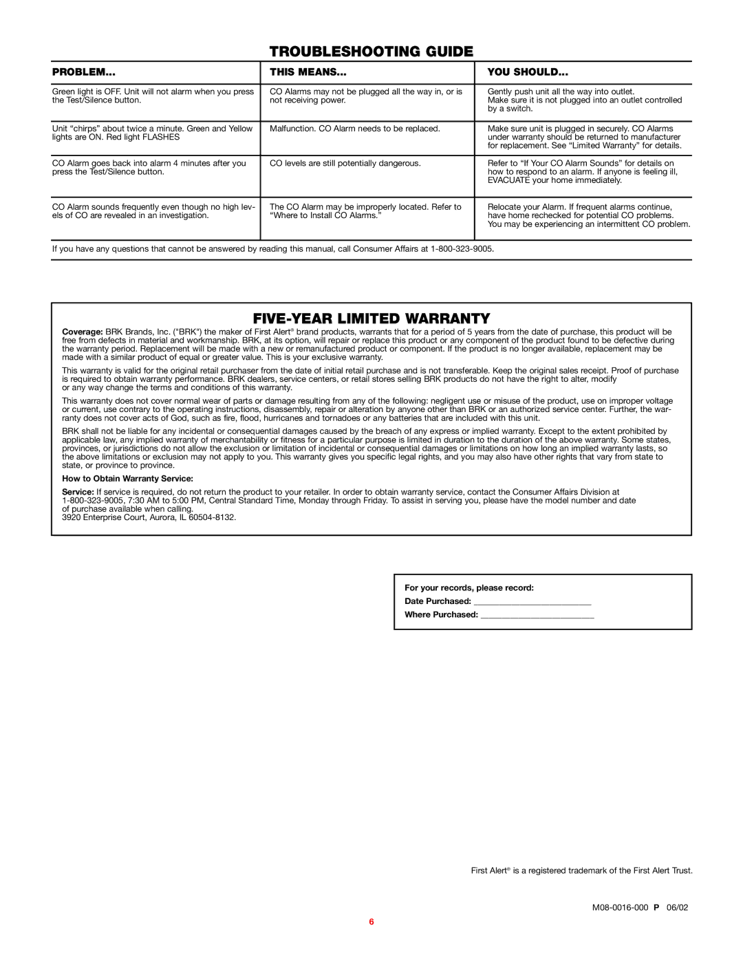 BRK electronic FCD2N user manual Troubleshooting Guide, FIVE-YEAR Limited Warranty, Problem This Means YOU should 