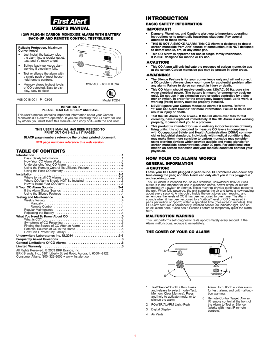 BRK electronic FCD4 user manual Introduction, USER’S Manual, Table of Contents, HOW Your CO Alarm Works 