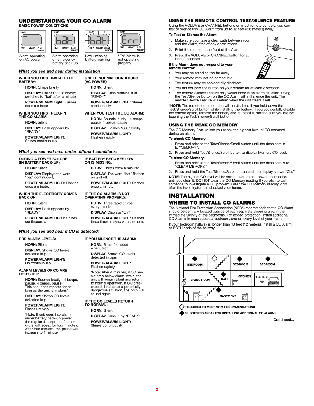 BRK electronic FCD4 Installation, Understanding Your CO Alarm, Where to Install CO Alarms, Using the Peak CO Memory 