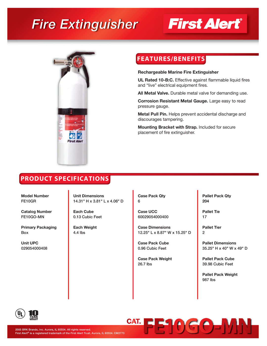 BRK electronic FE10GO-MN specifications Fire Extinguisher, Features/Benefits, Product Specifications 