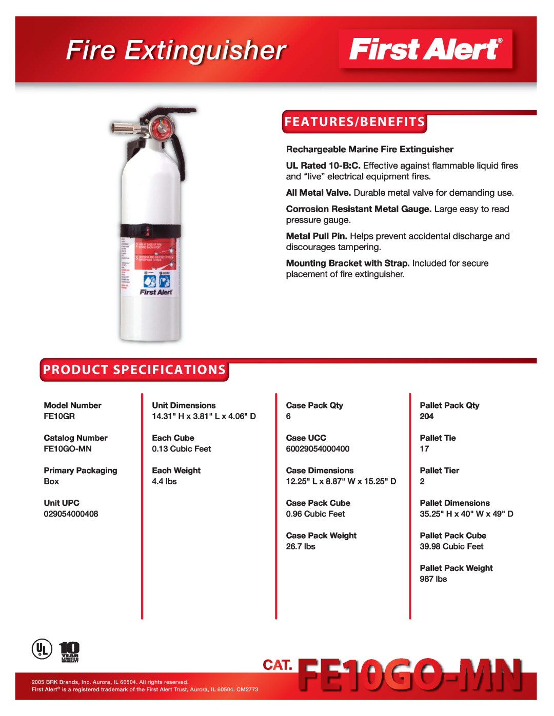 BRK electronic FE10GO-MN specifications Fire Extinguisher, Features/Benefits, Product Specifications 