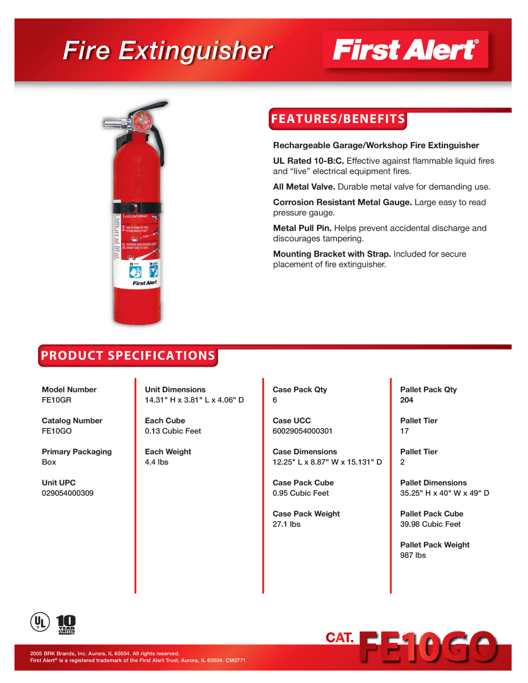 BRK electronic FE10GO specifications Fire Extinguisher, Features/Benefits, Product Specifications 