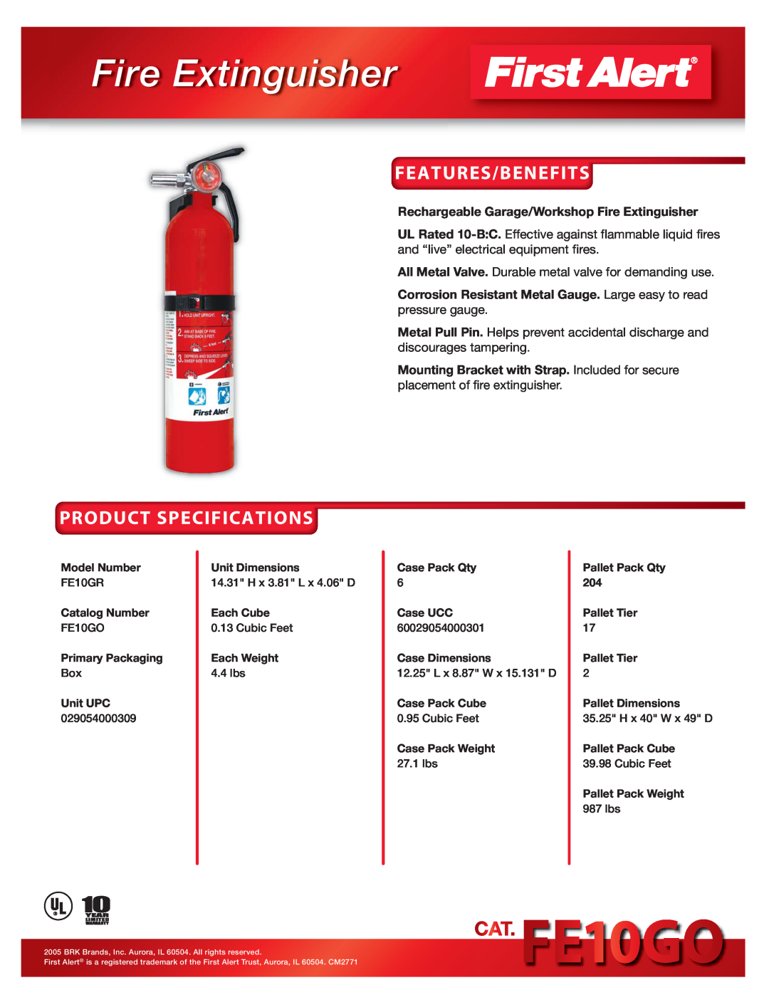BRK electronic FE10GO specifications Fire Extinguisher, Features/Benefits, Product Specifications 