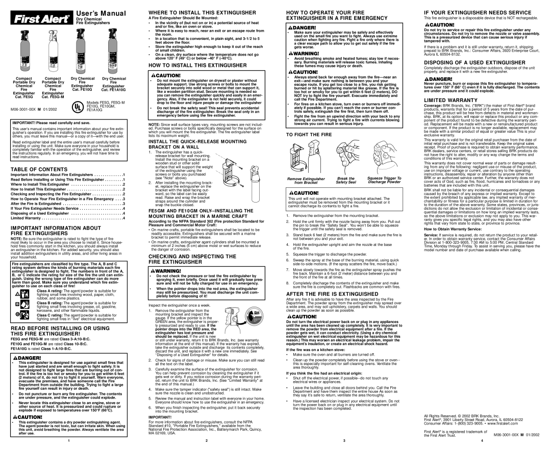 BRK electronic FE5G-M FE10G, FE1A10G, FE10GM user manual Table of Contents, Important Information about Fire Extinguishers 