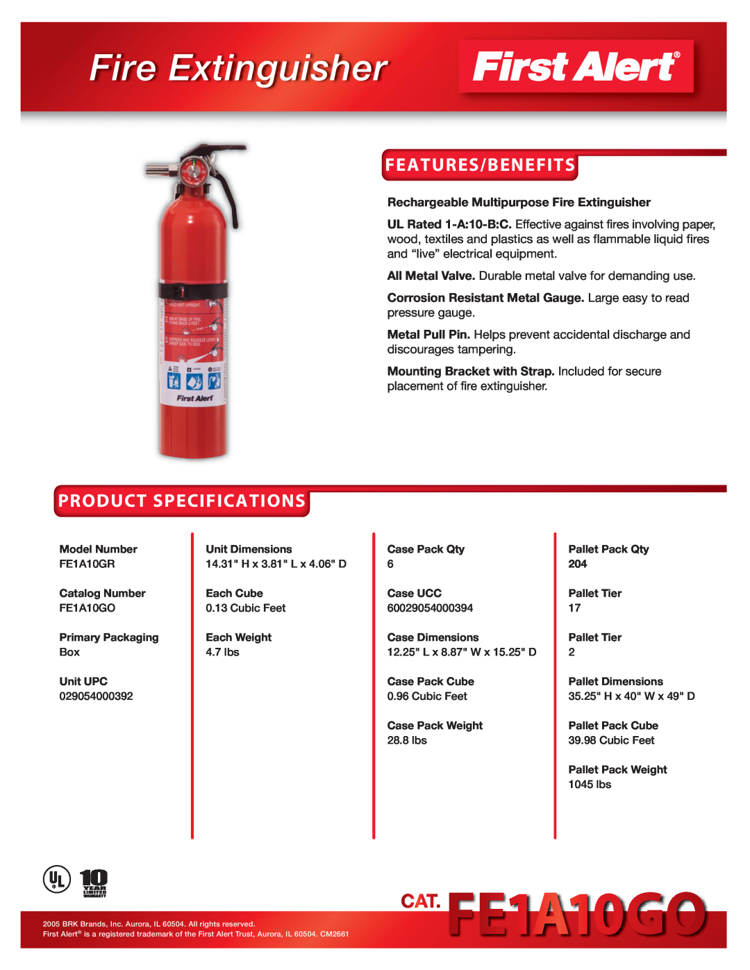 BRK electronic FE1A10GO specifications Fire Extinguisher, Features/Benefits, Product Specifications 