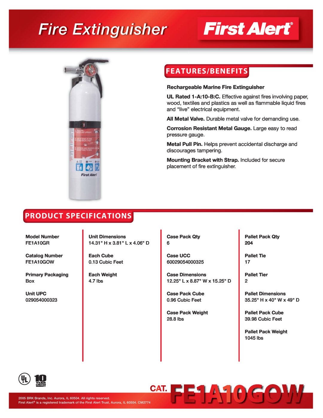 BRK electronic FE1A10GR specifications Fire Extinguisher, Features/Benefits, Product Specifications 