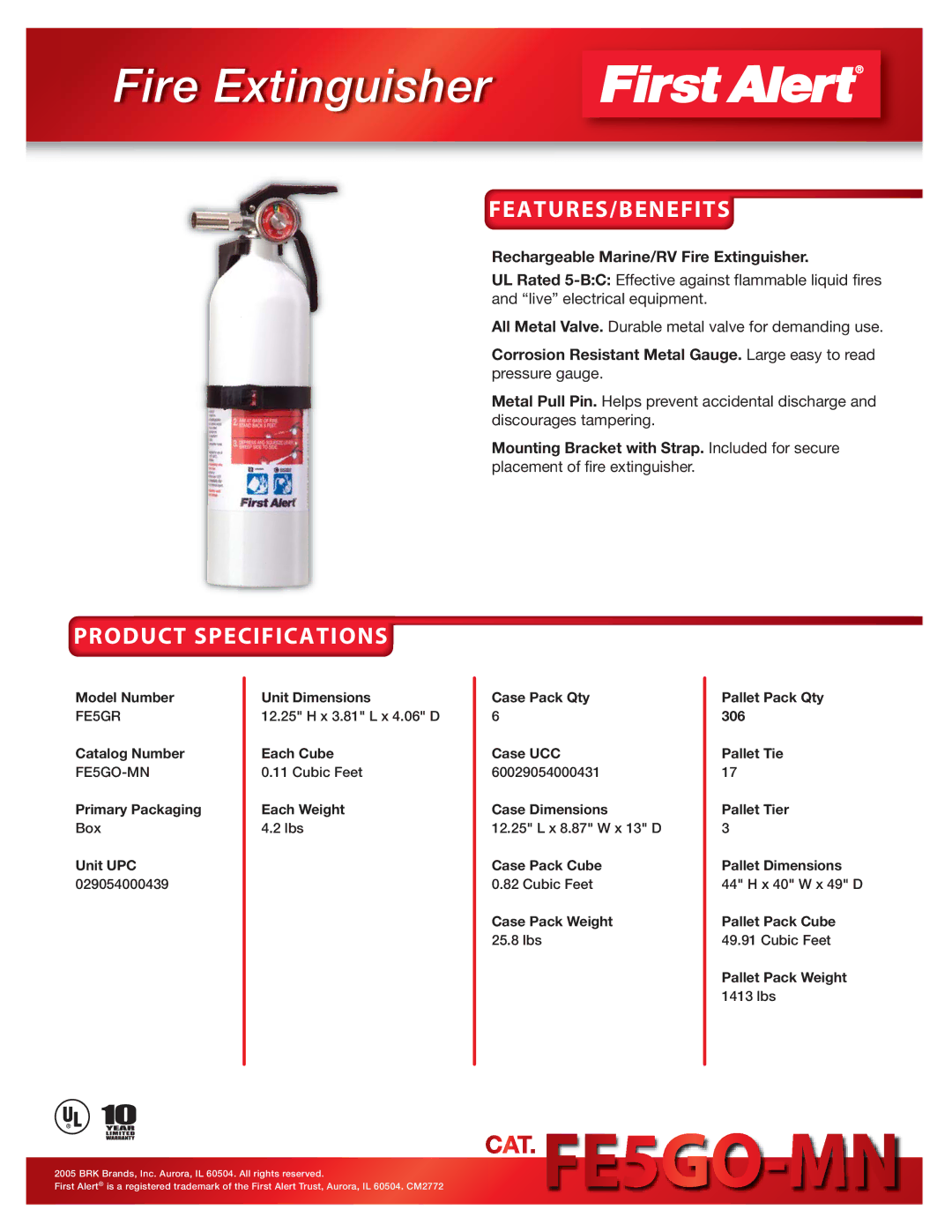 BRK electronic FE5GO-MN specifications Fire Extinguisher, Features/Benefits, Product Specifications 