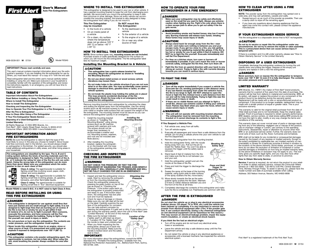 BRK electronic FESA5 user manual Where to Install this Extinguisher, HOW to Clean After Using a Fire Extinguisher 