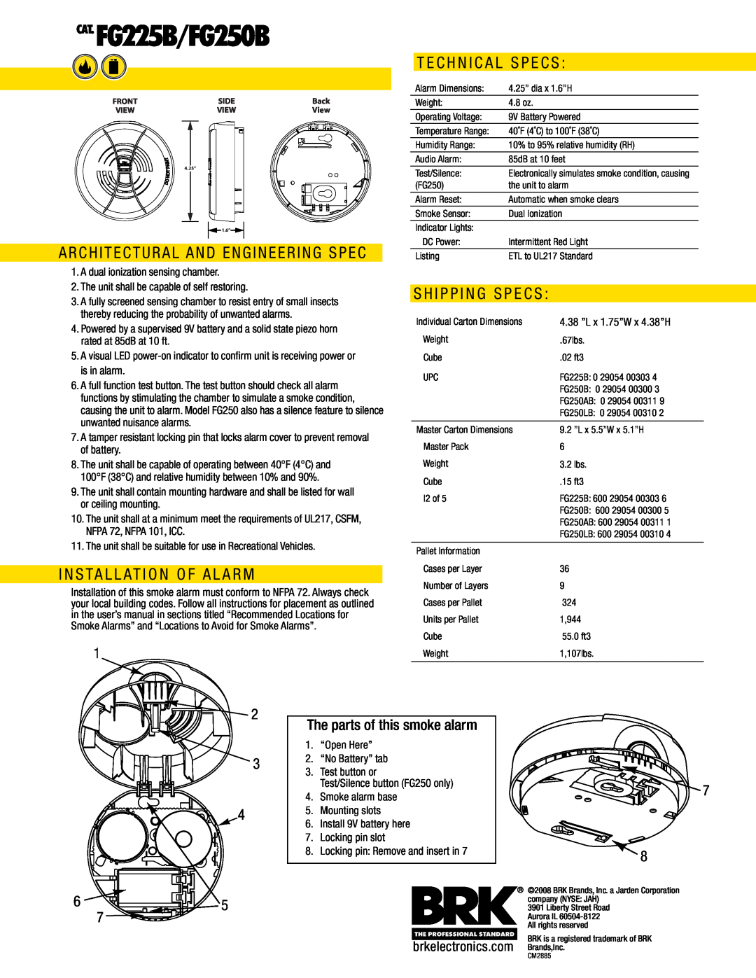BRK electronic manual The parts of this smoke alarm, brkelectronics.com Brands,Inc, CAT. FG225B/FG250B 