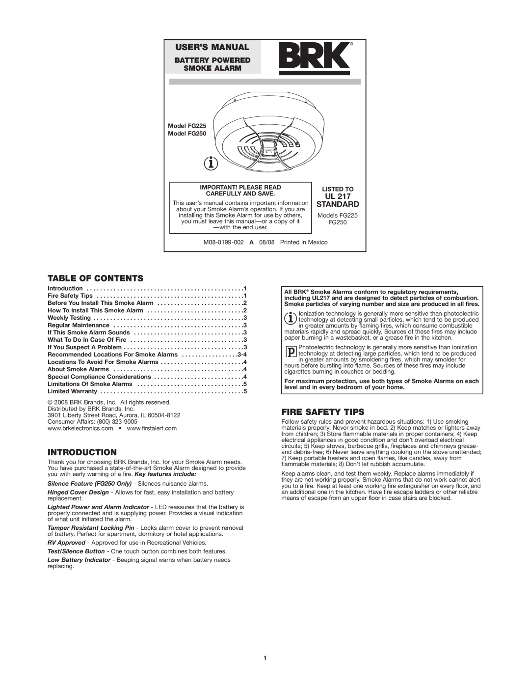 BRK electronic FG250 user manual USER’S Manual, Table of Contents, Introduction, Fire Safety Tips 