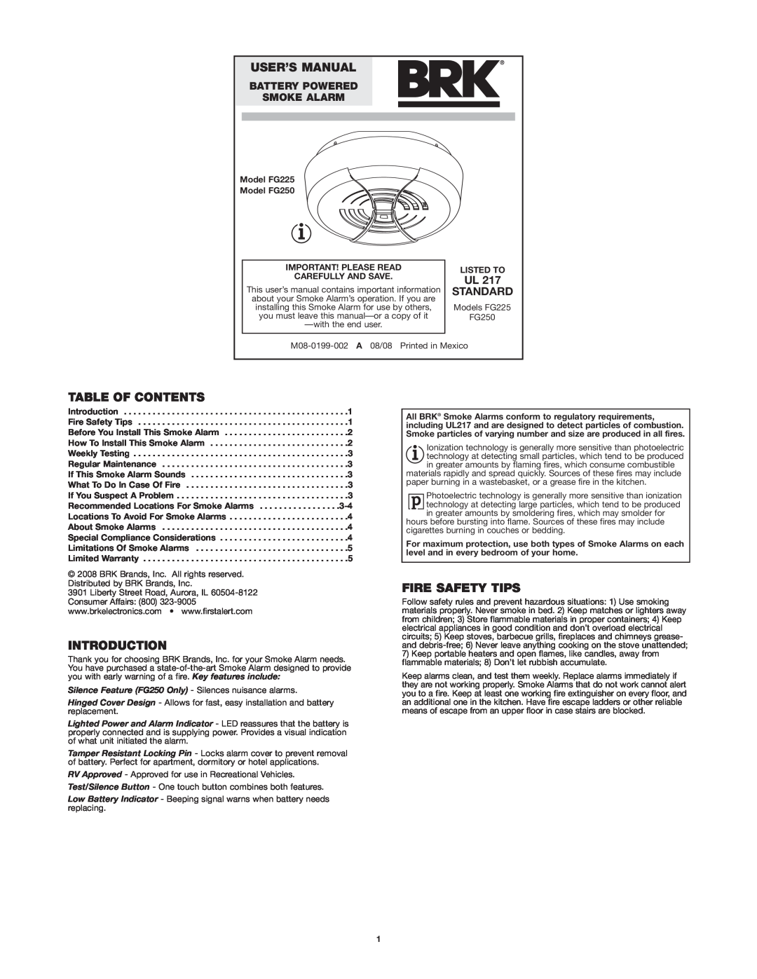 BRK electronic FG250 user manual User’S Manual, Table Of Contents, Introduction, Fire Safety Tips, Standard, Smoke Alarm 