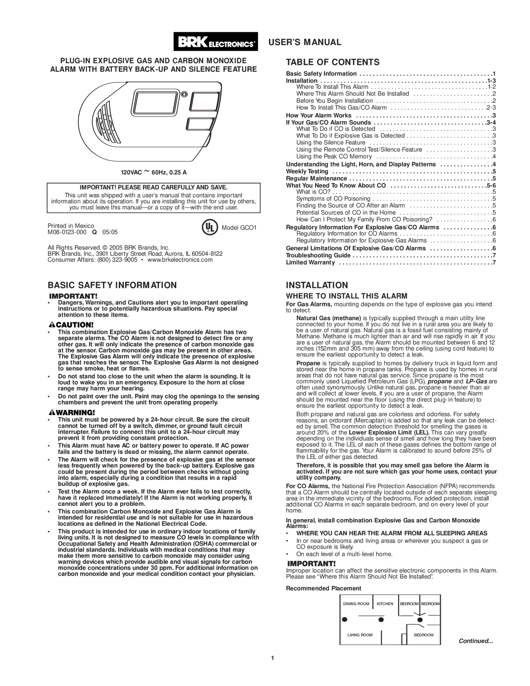 BRK electronic GCO1 user manual USER’S Manual Table of Contents, Basic Safety Information, Installation 