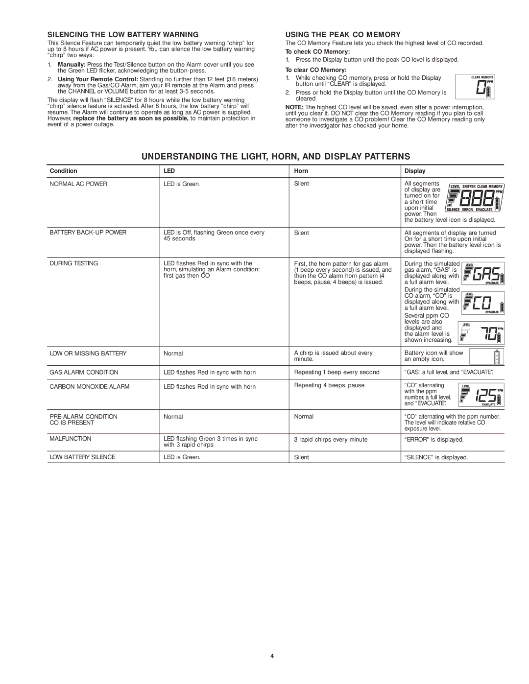 BRK electronic GCO1 user manual Understanding the LIGHT, HORN, and Display Patterns, Silencing the LOW Battery Warning, Led 