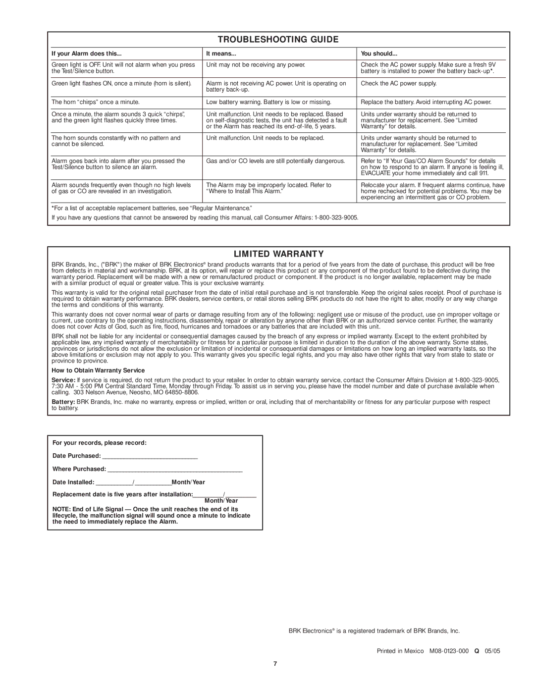 BRK electronic GCO1 user manual Troubleshooting Guide, Limited Warranty, If your Alarm does this It means You should 