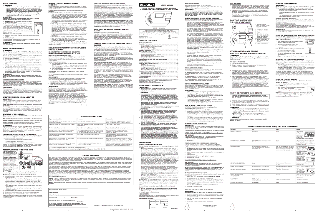 BRK electronic GCO1B user manual Weekly Testing, Regular Maintenance, What YOU Need to Know about CO, USER’S Manual 