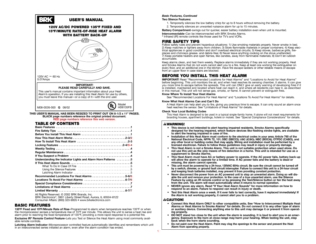 BRK electronic HD6135FB user manual USER’S Manual, Table of Contents, Basic Features, Fire Safety Tips 