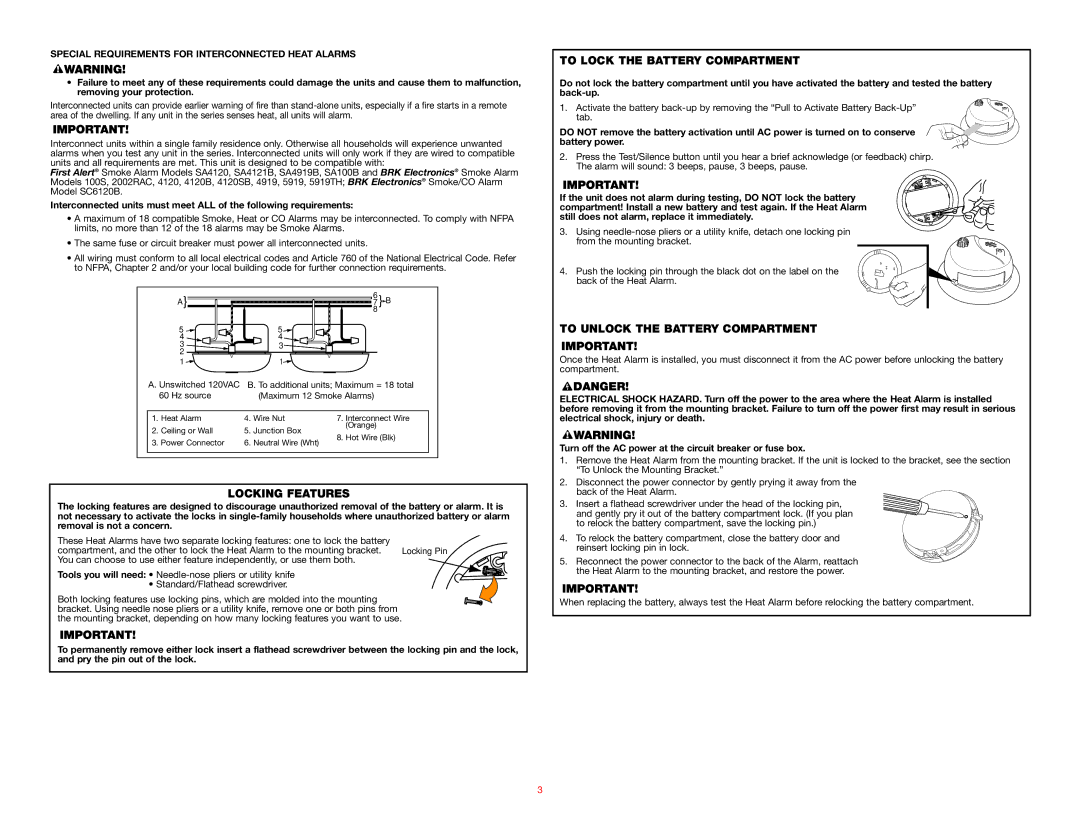 BRK electronic HD6135FB user manual Locking Features, To Lock the Battery Compartment, To Unlock the Battery Compartment 