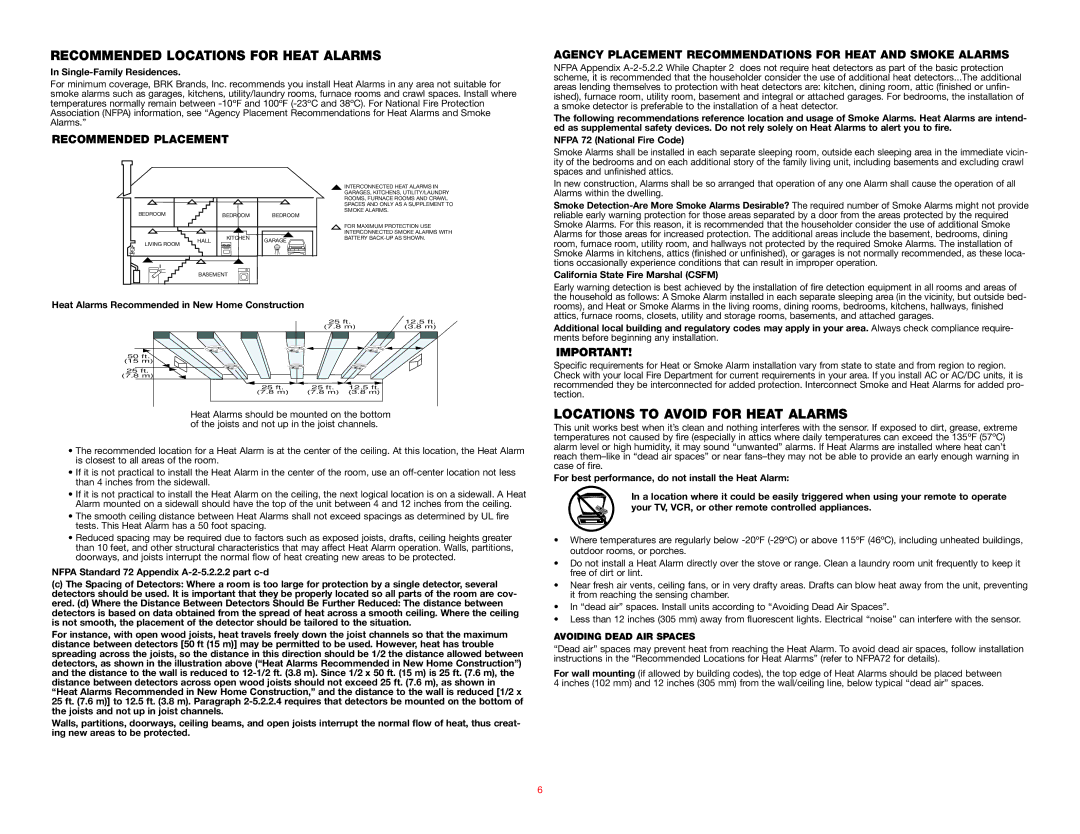 BRK electronic HD6135FB user manual Recommended Locations for Heat Alarms, Locations to Avoid for Heat Alarms 