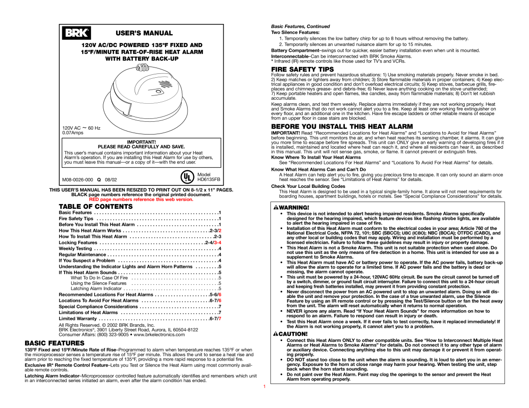 BRK electronic HD6135FB user manual User’S Manual, Table Of Contents, Basic Features, Fire Safety Tips 
