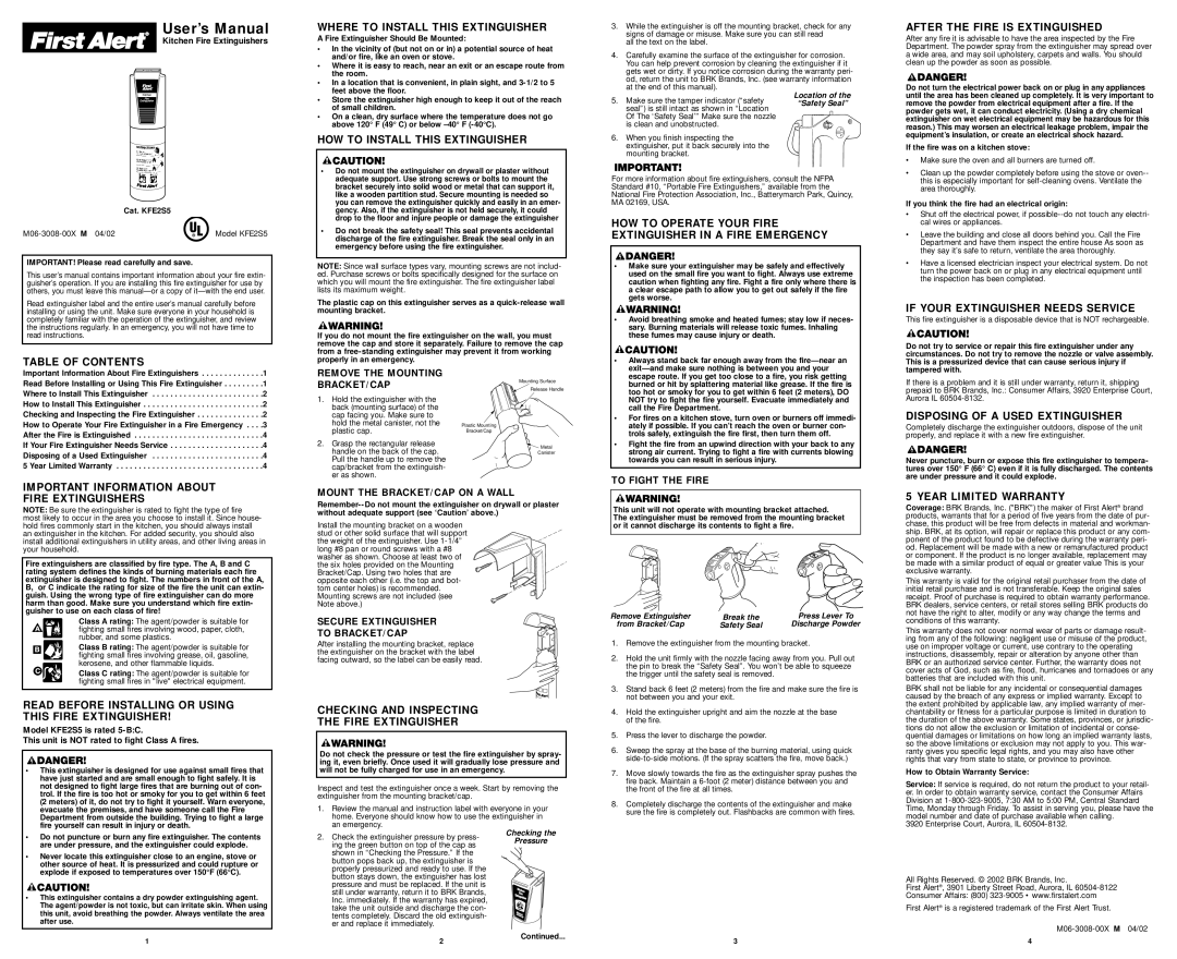 BRK electronic KFE2S5 user manual Table of Contents Where to Install this Extinguisher, HOW to Install this Extinguisher 