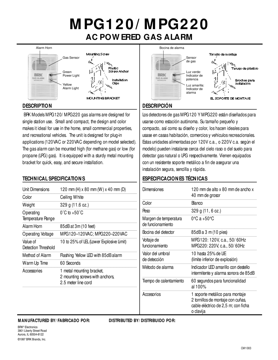 BRK electronic MPG220, MPG120 warranty Description, Technical Specifications, Descripción, Especificaciones Técnicas 