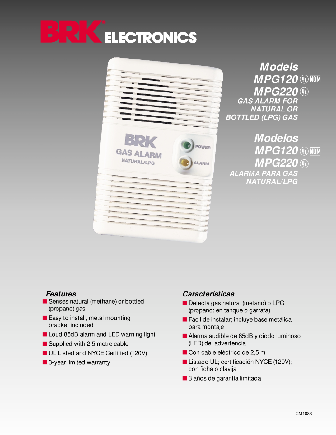 BRK electronic warranty Models MPG120 MPG220, Modelos MPG120 MPG220, Gas Alarm For Natural Or Bottled Lpg Gas, Features 