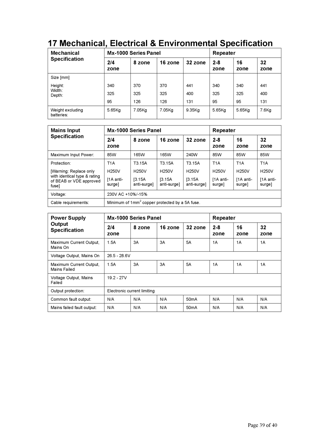 BRK electronic Mx-1000 manual Mechanical, Electrical & Environmental Specification 