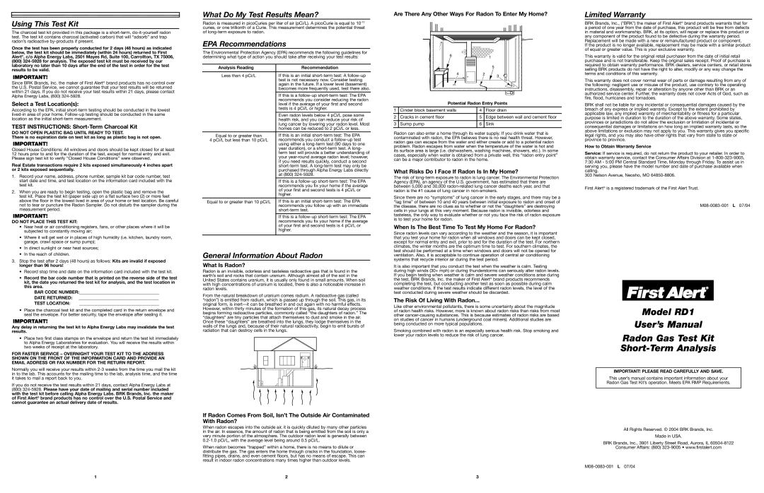 BRK electronic warranty Model RD1 User’s Manual Radon Gas Test Kit Short-Term Analysis, Using This Test Kit 